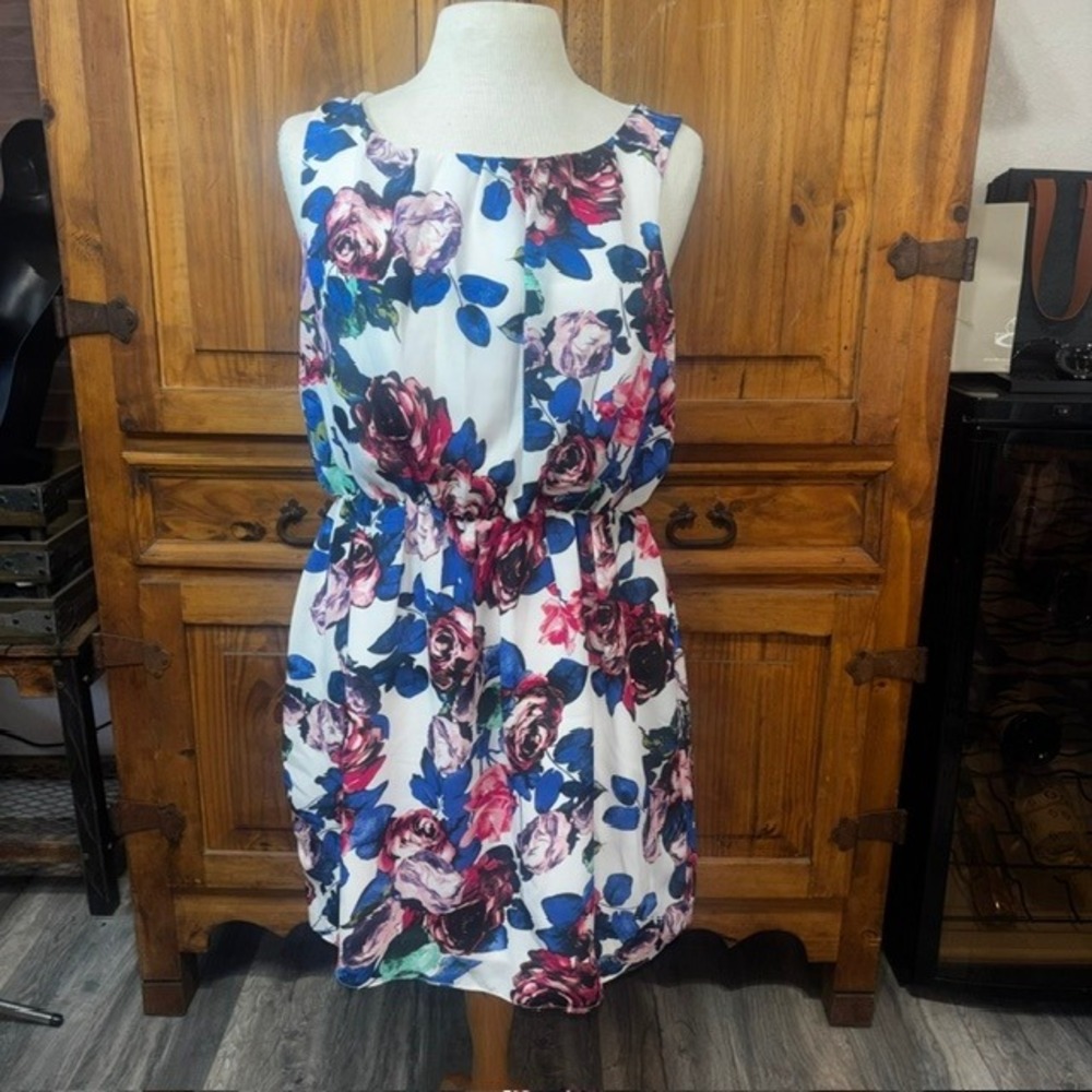Olive & Oak Floral Sleeveless Mini Dress Pink Blue White Keyhole Back Medium - Picture 2 of 7